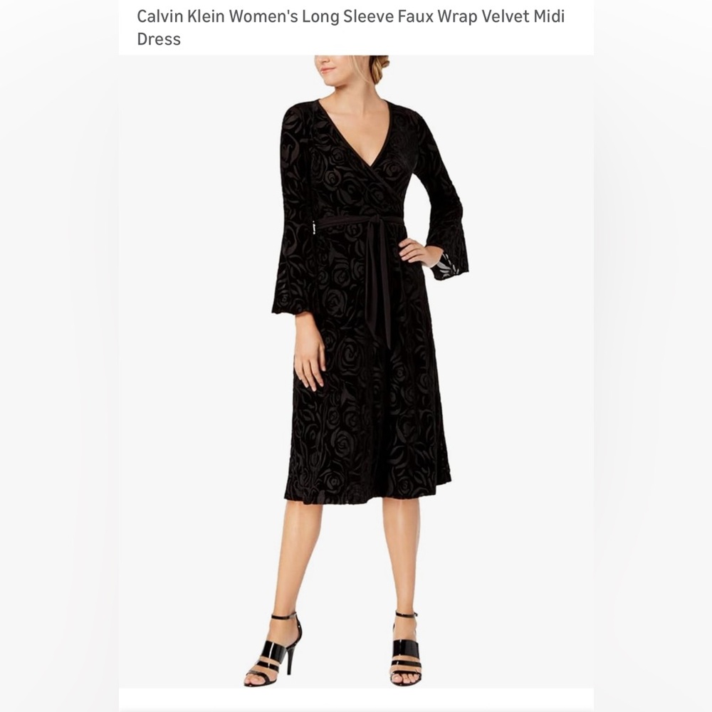 Calvin Klein Black Faux Wrap Velvet Midi Dress